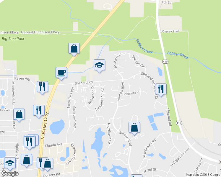 map of restaurants, bars, coffee shops, grocery stores, and more near 695 Aberdeen Lane in Winter Springs