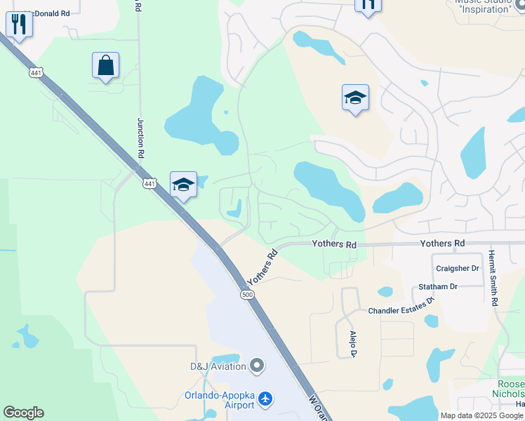map of restaurants, bars, coffee shops, grocery stores, and more near 2121 Oak Grove Drive in Zellwood