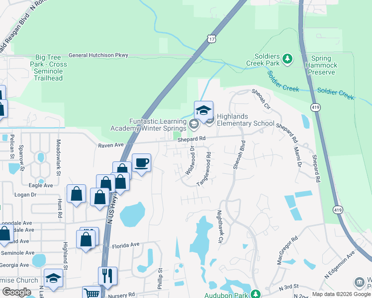map of restaurants, bars, coffee shops, grocery stores, and more near 731 Lakeside Drive in Winter Springs