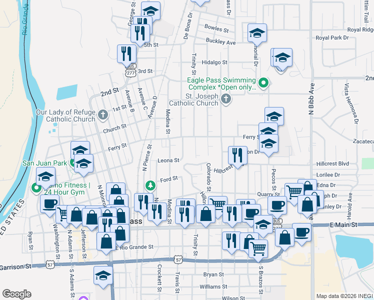 map of restaurants, bars, coffee shops, grocery stores, and more near 658 Concho Street in Eagle Pass