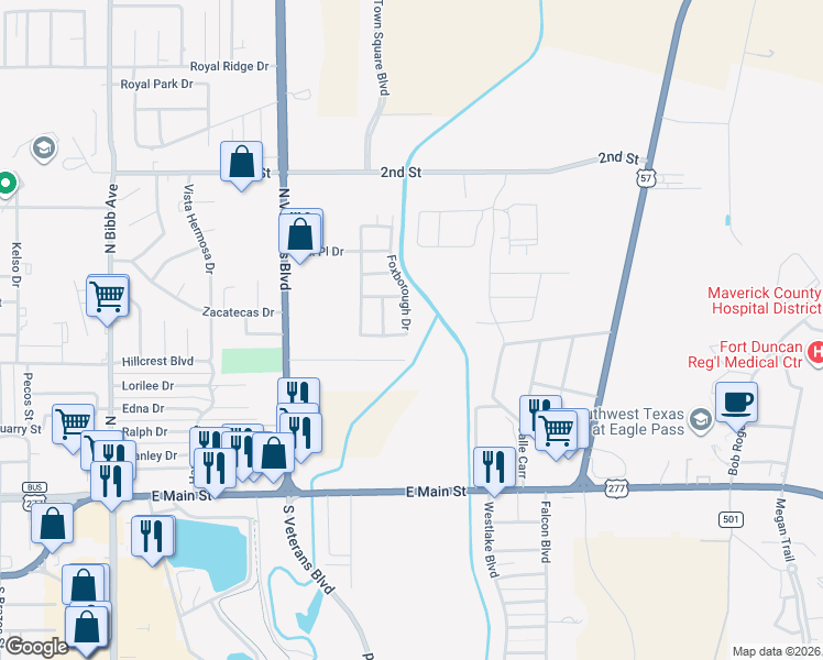 map of restaurants, bars, coffee shops, grocery stores, and more near 2145 Foxborough Drive in Eagle Pass