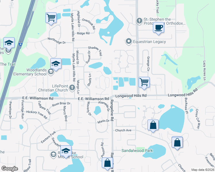 map of restaurants, bars, coffee shops, grocery stores, and more near 1332 Landry Circle in Longwood