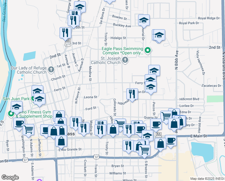 map of restaurants, bars, coffee shops, grocery stores, and more near 645 Colorado Street in Eagle Pass