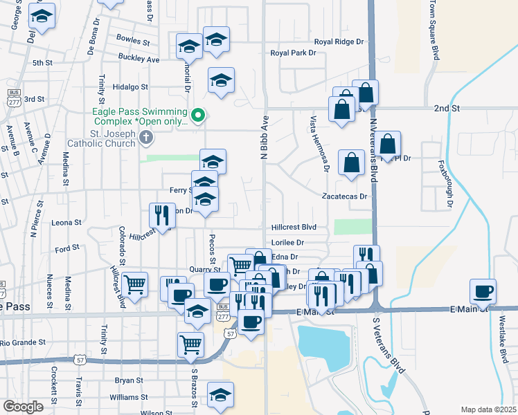 map of restaurants, bars, coffee shops, grocery stores, and more near 821 North Bibb Avenue in Eagle Pass