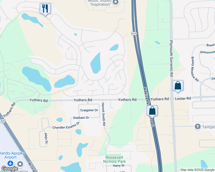 map of restaurants, bars, coffee shops, grocery stores, and more near 2108 Wax Myrtle Drive in Zellwood