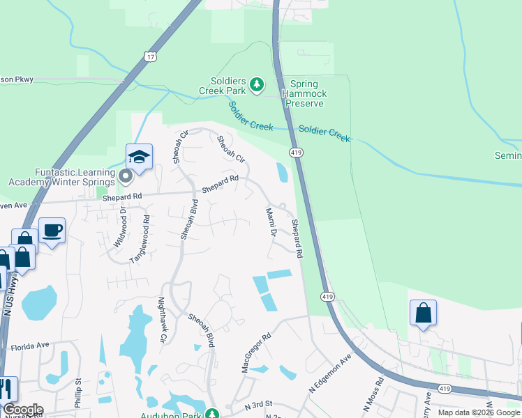 map of restaurants, bars, coffee shops, grocery stores, and more near 635 Marni Drive in Winter Springs