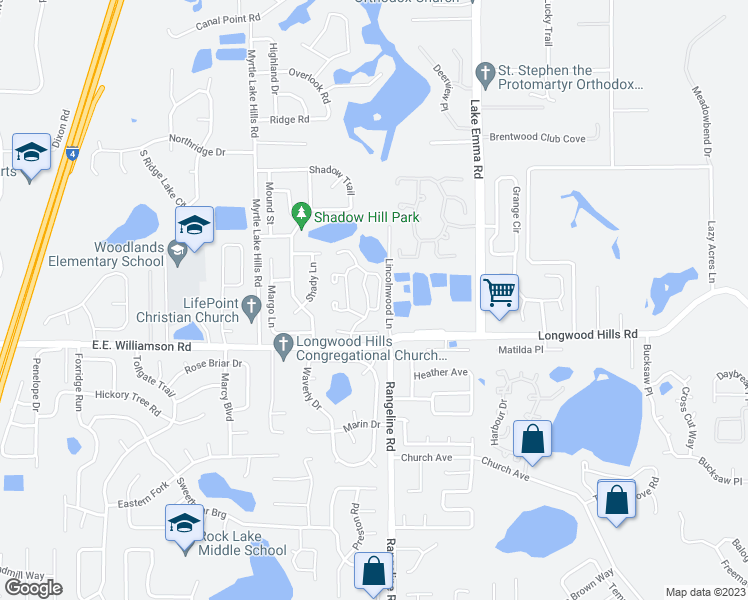 map of restaurants, bars, coffee shops, grocery stores, and more near 1332 Landry Circle in Longwood