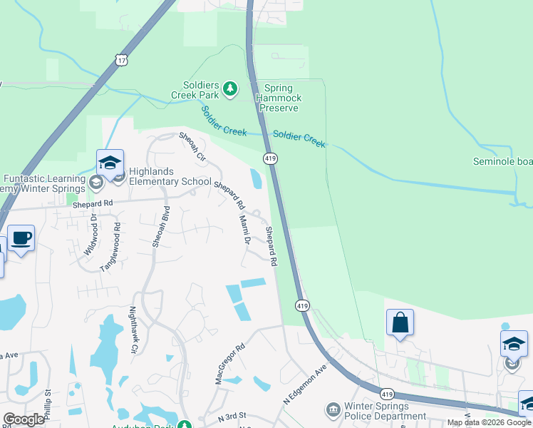 map of restaurants, bars, coffee shops, grocery stores, and more near 634 Jeffrey Court in Winter Springs