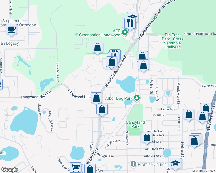map of restaurants, bars, coffee shops, grocery stores, and more near 116 Shomate Drive in Longwood