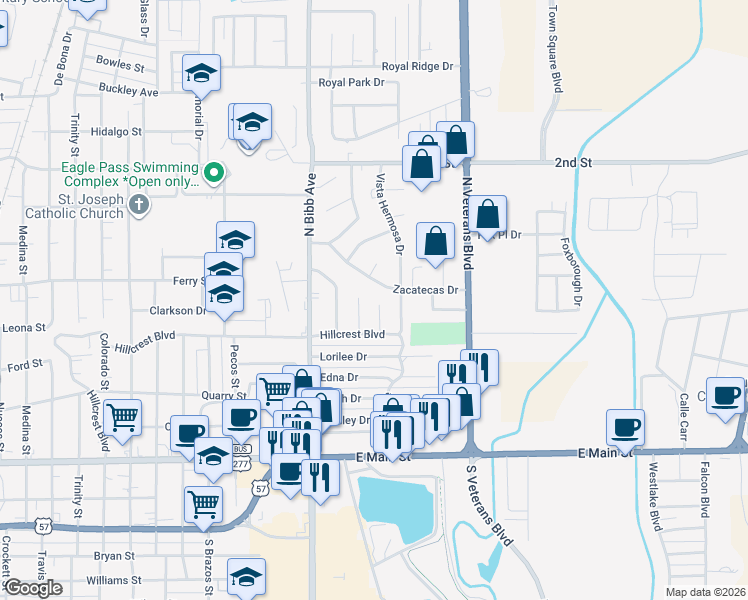 map of restaurants, bars, coffee shops, grocery stores, and more near 885 Tampico Circle in Eagle Pass