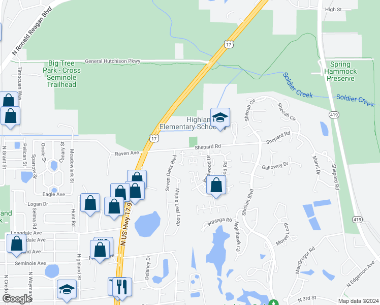 map of restaurants, bars, coffee shops, grocery stores, and more near 734 Tanglewood Road in Winter Springs