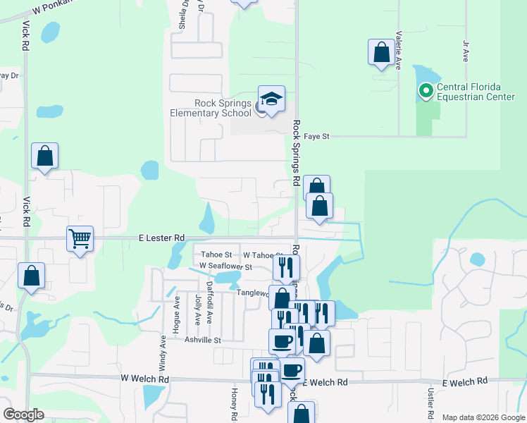 map of restaurants, bars, coffee shops, grocery stores, and more near 213 East Lester Road in Apopka