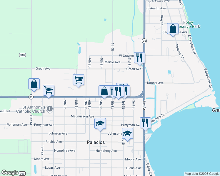map of restaurants, bars, coffee shops, grocery stores, and more near in Palacios