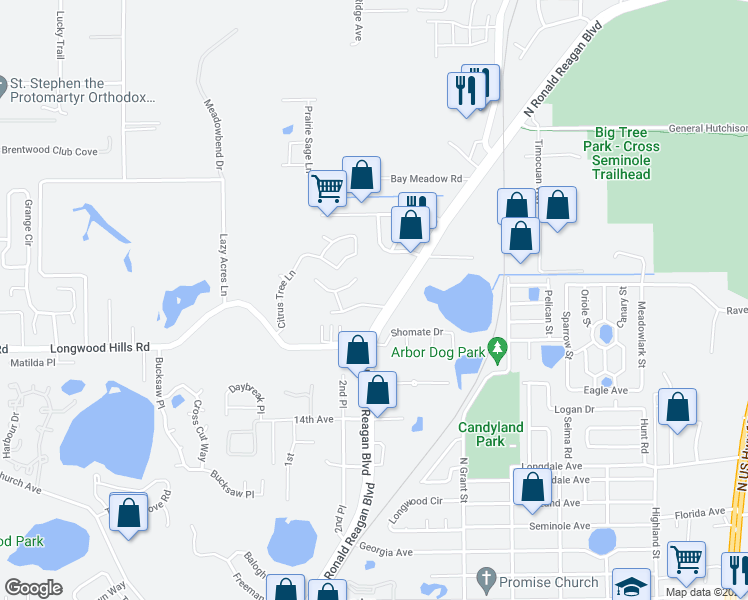map of restaurants, bars, coffee shops, grocery stores, and more near 310 Blackwater Place in Longwood