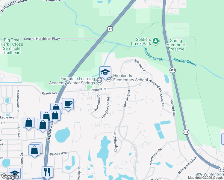 map of restaurants, bars, coffee shops, grocery stores, and more near 695 Aberdeen Lane in Winter Springs