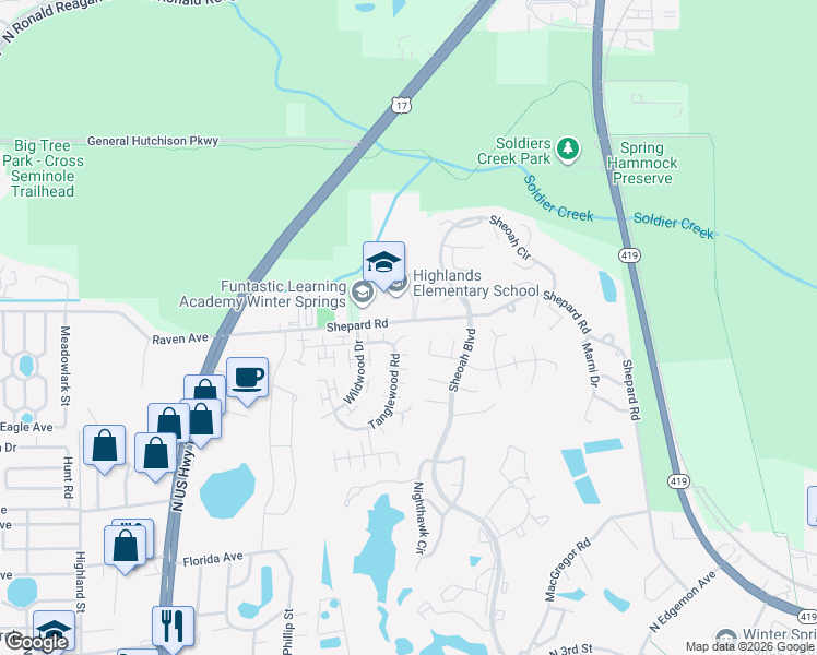 map of restaurants, bars, coffee shops, grocery stores, and more near 703 Sunbury Court in Winter Springs