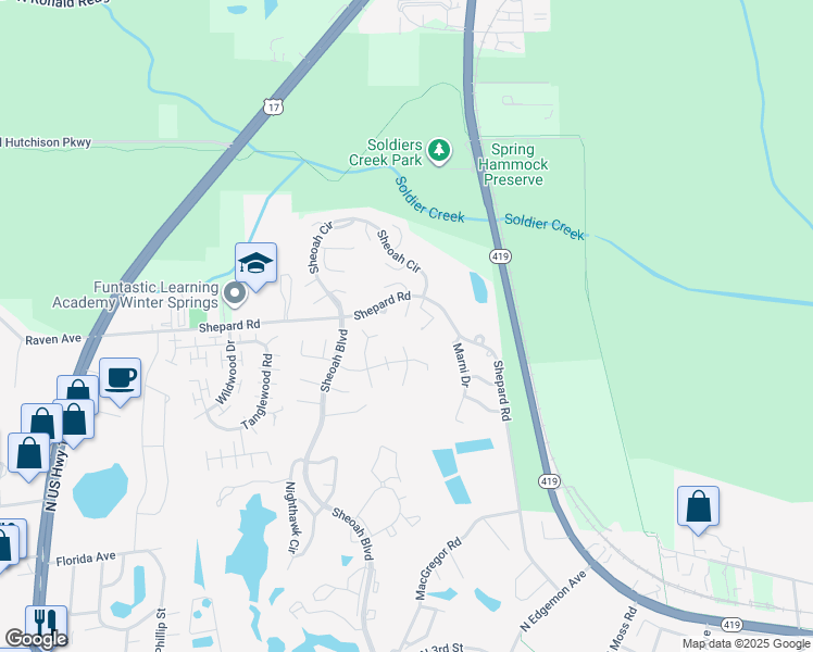 map of restaurants, bars, coffee shops, grocery stores, and more near 767 Blades Court in Winter Springs
