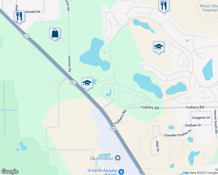 map of restaurants, bars, coffee shops, grocery stores, and more near 4422 Red Oak Lane in Zellwood