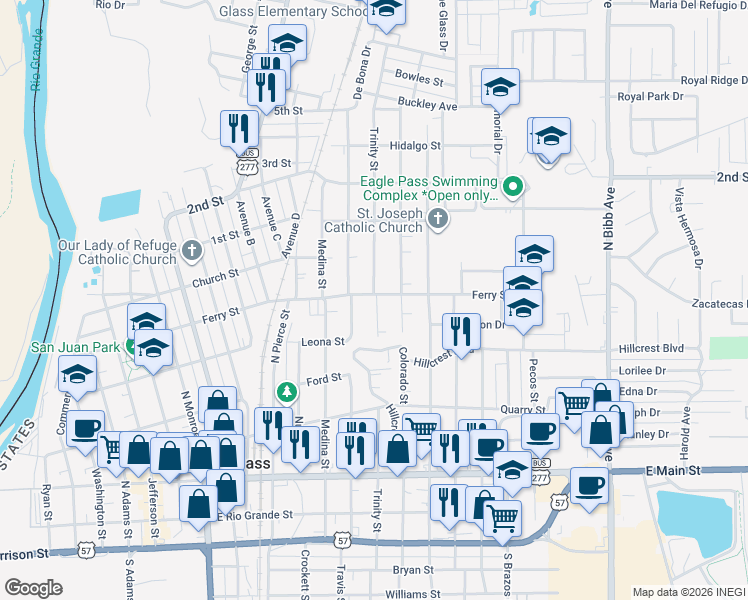 map of restaurants, bars, coffee shops, grocery stores, and more near 738 Concho Street in Eagle Pass
