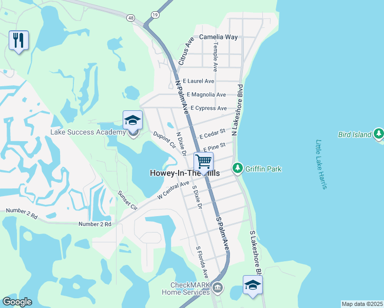 map of restaurants, bars, coffee shops, grocery stores, and more near Pine Street in Howey-in-the-Hills