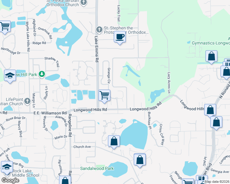 map of restaurants, bars, coffee shops, grocery stores, and more near 520 Ridgeline Run in Longwood