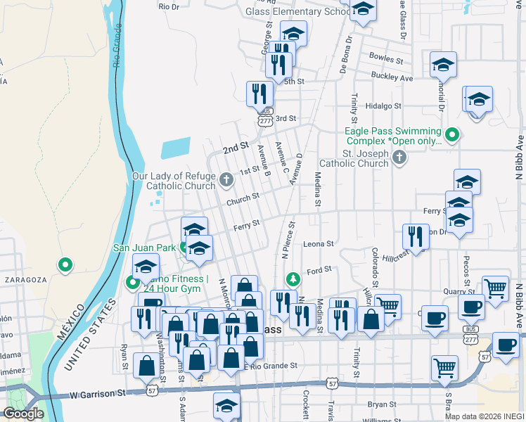 map of restaurants, bars, coffee shops, grocery stores, and more near 761 Avenue B in Eagle Pass