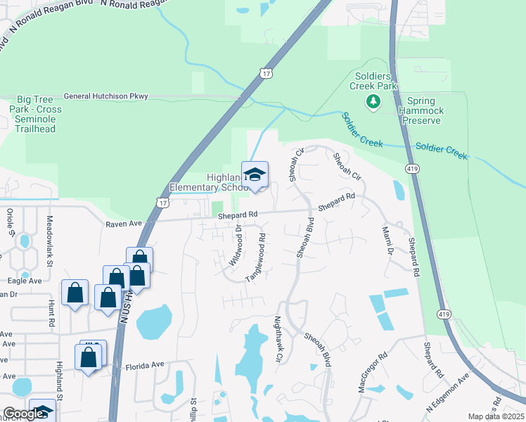 map of restaurants, bars, coffee shops, grocery stores, and more near 1600 Shepard Road in Winter Springs