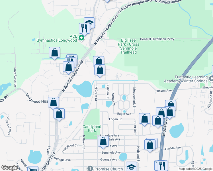 map of restaurants, bars, coffee shops, grocery stores, and more near 1520 Pelican Street in Longwood
