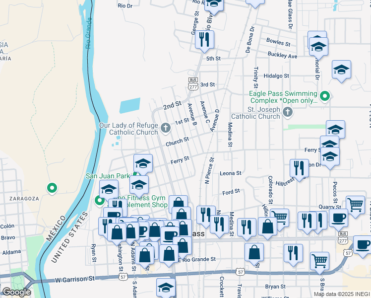 map of restaurants, bars, coffee shops, grocery stores, and more near 810 Church Street in Eagle Pass