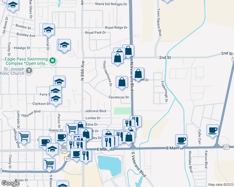 map of restaurants, bars, coffee shops, grocery stores, and more near 964 Vista Hermosa Drive in Eagle Pass
