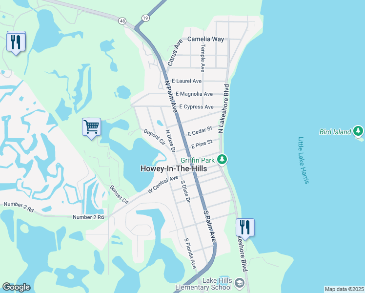 map of restaurants, bars, coffee shops, grocery stores, and more near 303 North Palm Avenue in Howey-in-the-Hills