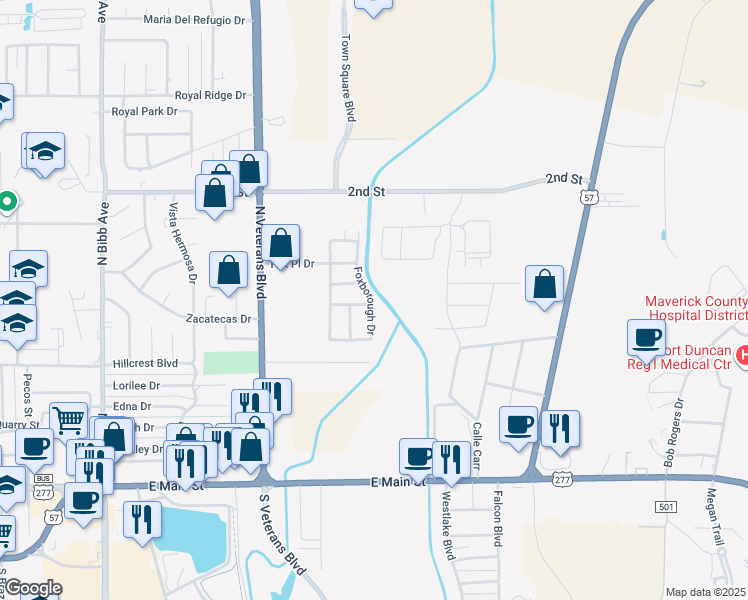 map of restaurants, bars, coffee shops, grocery stores, and more near 2177 Foxborough Drive in Eagle Pass