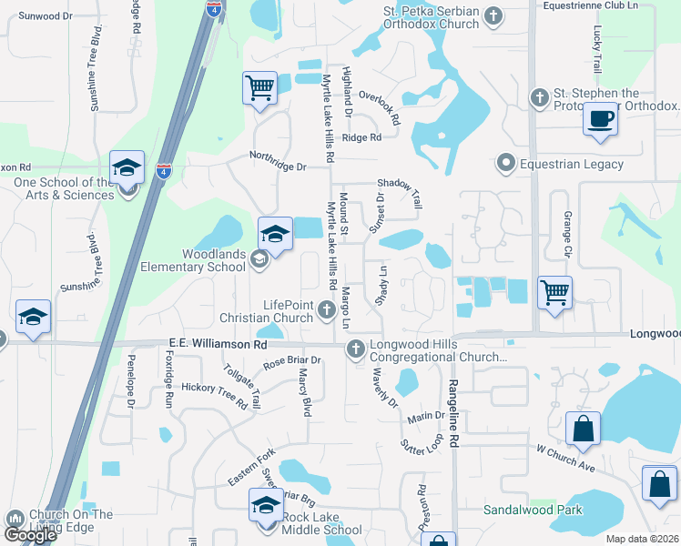 map of restaurants, bars, coffee shops, grocery stores, and more near 135 Margo Lane in Longwood