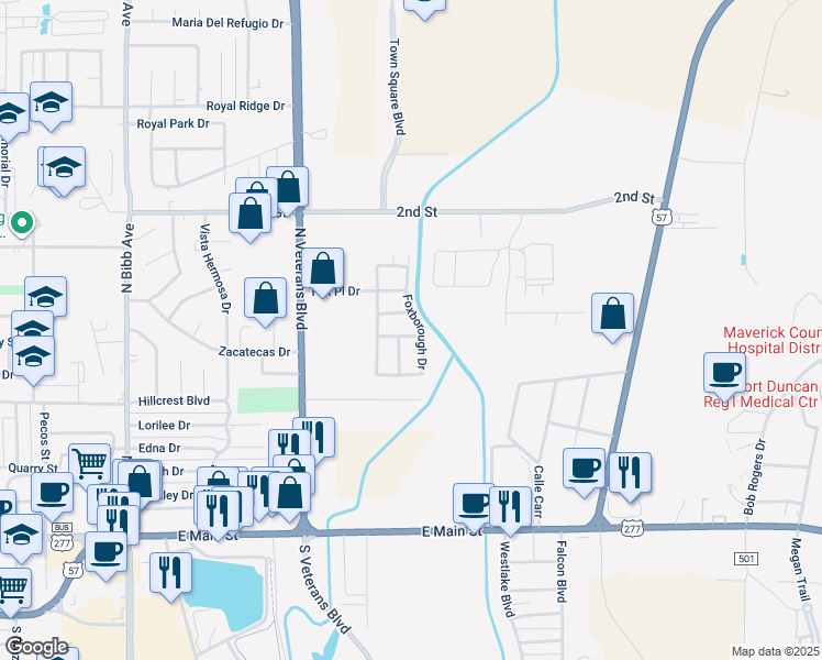 map of restaurants, bars, coffee shops, grocery stores, and more near 2177 Fox Borough Drive in Eagle Pass