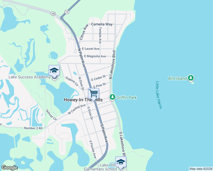 map of restaurants, bars, coffee shops, grocery stores, and more near 127 Pine Street in Howey-in-the-Hills