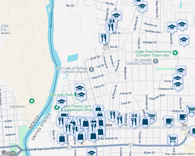 map of restaurants, bars, coffee shops, grocery stores, and more near 810 Church Street in Eagle Pass