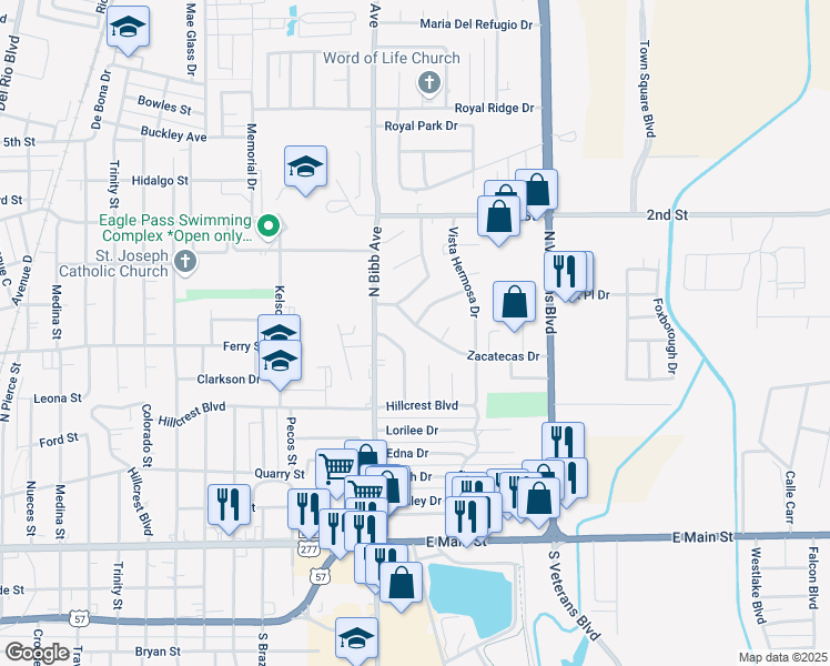 map of restaurants, bars, coffee shops, grocery stores, and more near 2313 Zacatecas Drive in Eagle Pass
