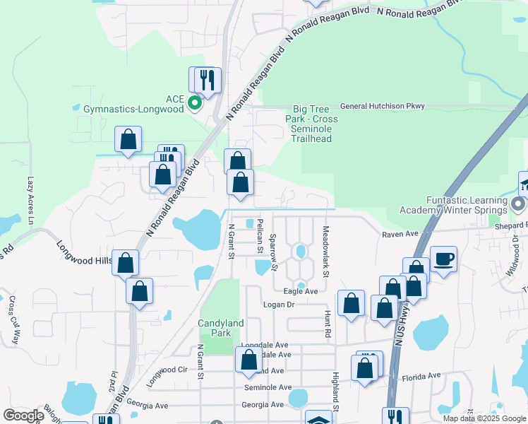map of restaurants, bars, coffee shops, grocery stores, and more near 1520 Pelican Street in Longwood