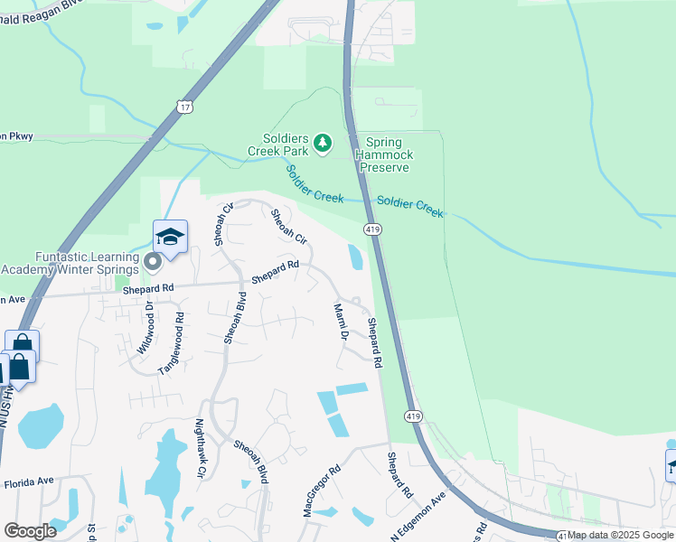 map of restaurants, bars, coffee shops, grocery stores, and more near 2200 Shepard Road in Winter Springs