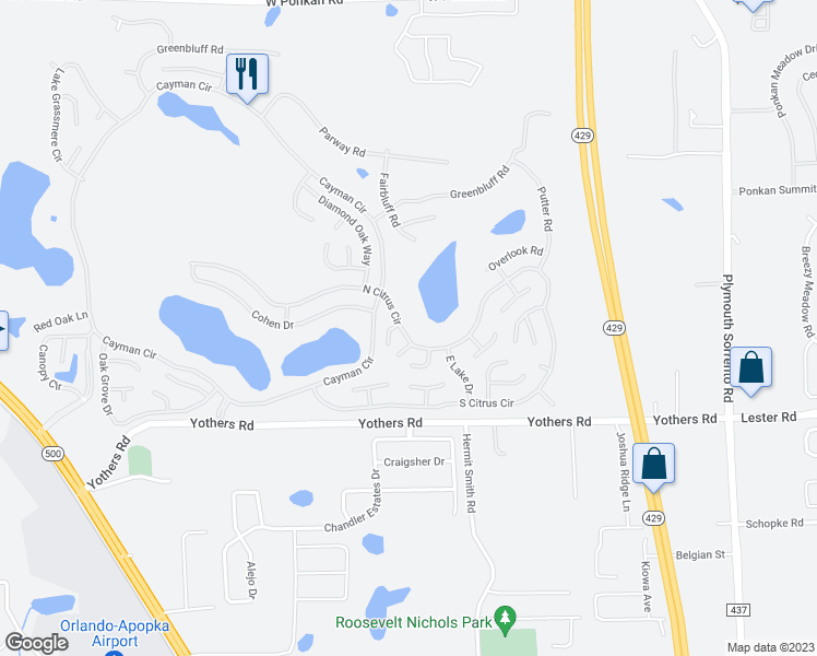 map of restaurants, bars, coffee shops, grocery stores, and more near 3641 North Citrus Circle in Zellwood