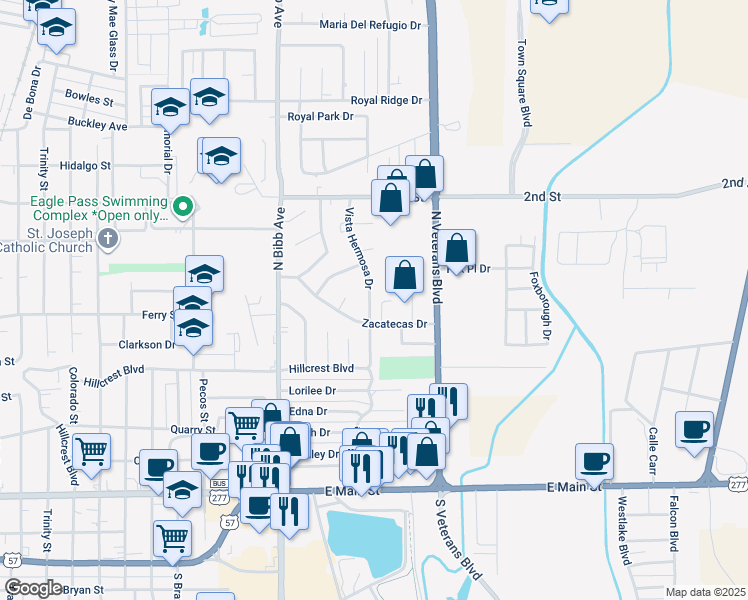 map of restaurants, bars, coffee shops, grocery stores, and more near 964 Vista Hermosa Drive in Eagle Pass