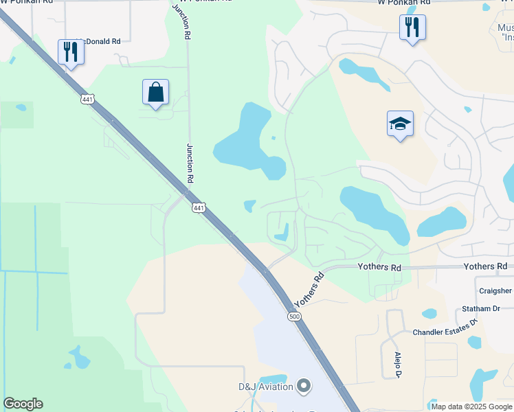 map of restaurants, bars, coffee shops, grocery stores, and more near 4477 Red Oak Lane in Zellwood