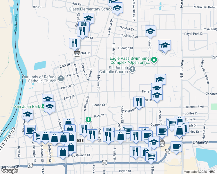 map of restaurants, bars, coffee shops, grocery stores, and more near 738 Concho Street in Eagle Pass