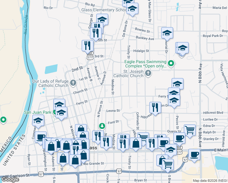 map of restaurants, bars, coffee shops, grocery stores, and more near 744 Medina Street in Eagle Pass