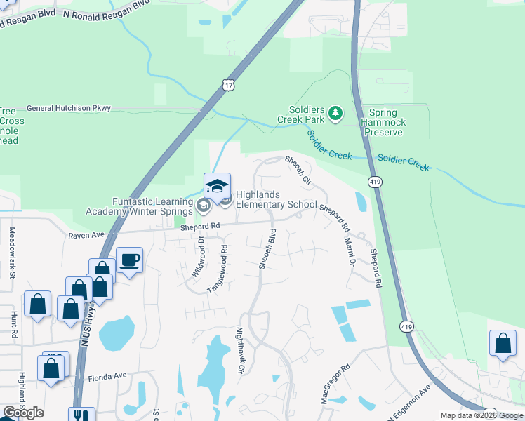 map of restaurants, bars, coffee shops, grocery stores, and more near 808 Gatehouse Drive in Winter Springs