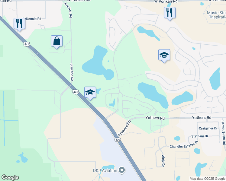 map of restaurants, bars, coffee shops, grocery stores, and more near 4422 Red Oak Lane in Zellwood