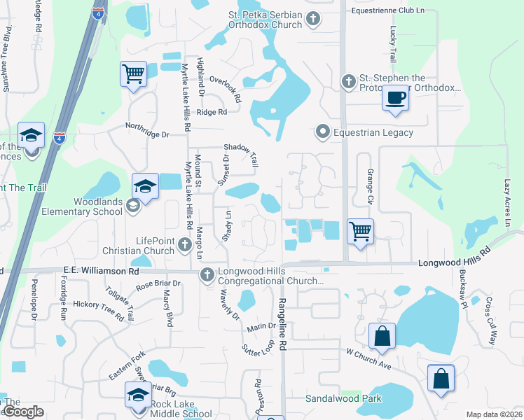 map of restaurants, bars, coffee shops, grocery stores, and more near 1405 Cricket Court in Longwood