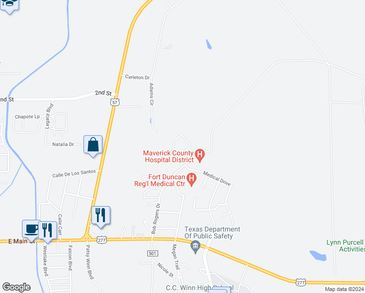 map of restaurants, bars, coffee shops, grocery stores, and more near 3477 Bob Rogers Drive in Eagle Pass