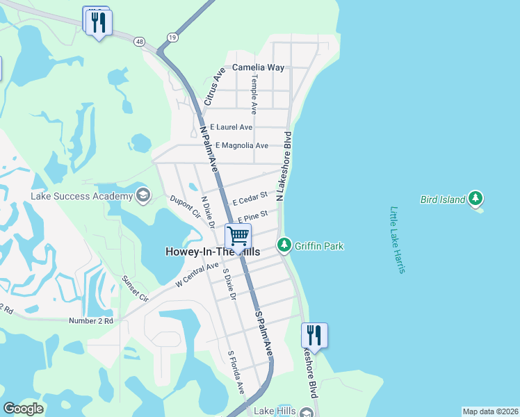 map of restaurants, bars, coffee shops, grocery stores, and more near 127 Pine Street in Howey-in-the-Hills