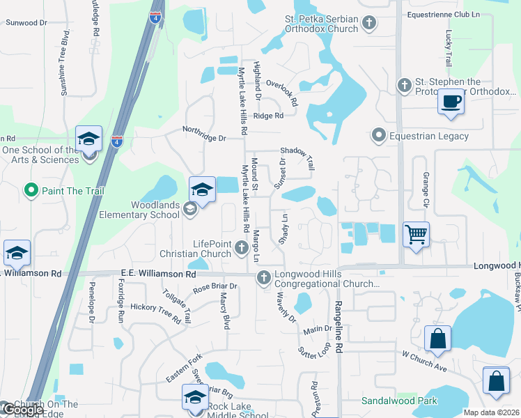 map of restaurants, bars, coffee shops, grocery stores, and more near 135 Margo Lane in Longwood